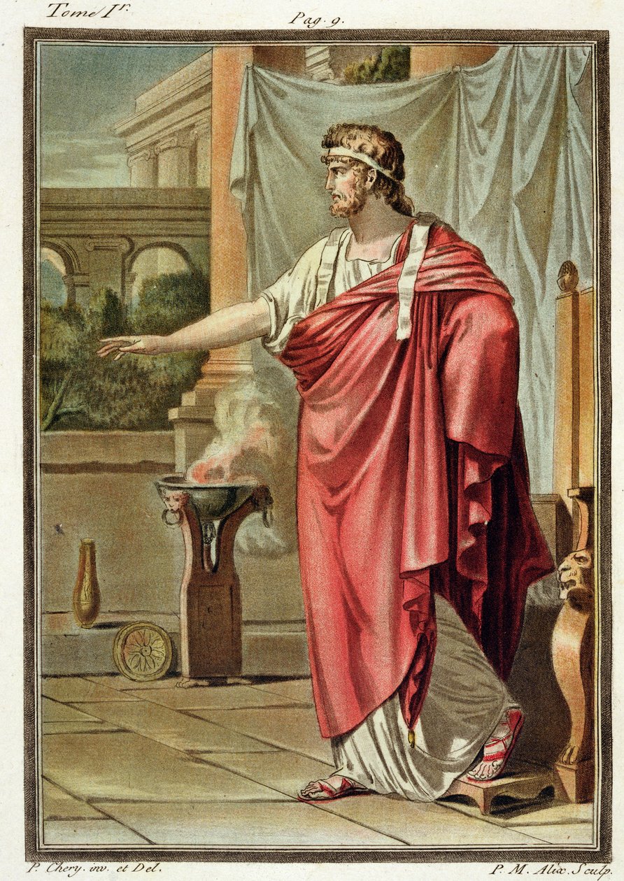 Pyrrhus, puku Jean Racinen "Andromachelle" julkaisun "Research on the Costumes and Theatre of All Nations" osasta I, kaiverrus Pierre Michel Alix (1762-1817) 1802 tekijältä Philippe Chery