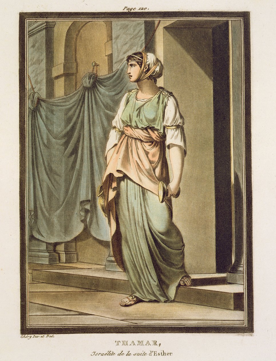 Thamar, israelilainen Esterin seurueessa, puku Jean Racinen Estheriin, julkaisun "Research on the Costumes and Theatre of All Nations" osasta I, 1802 tekijältä Philippe Chery