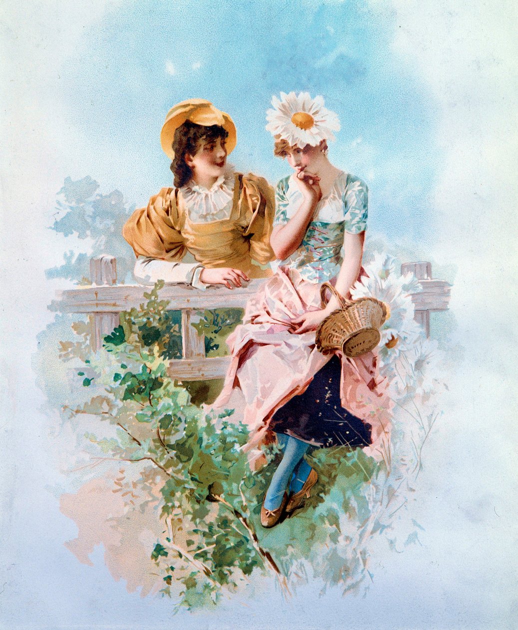 Luottamus Kaksi nuorta tyttöä kuiskaamassa salaisuuksia. Philippe Jacques Linderin (1835-?) litografia 1800-luvun yksityinen kokoelma tekijältä Philippe Jacques Linder