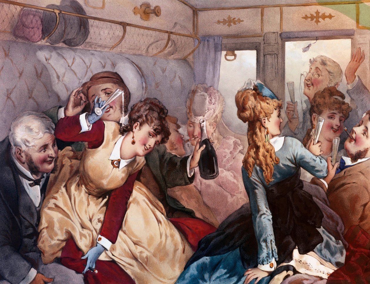 The Pleasure Train Porvarillinen porvari juomassa ja viihdyttämässä itseään vaunussa. Litografia Philippe Jacques Linder tekijältä Philippe Jacques Linder