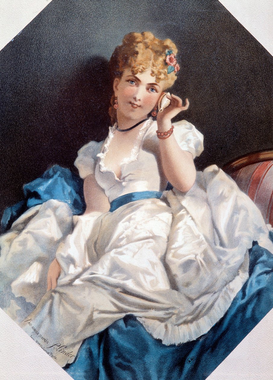 Philippe Jacques Linderin (1835-?) litografia Nainen kuoressa. 1800-luvun yksityinen kokoelma tekijältä Philippe Jacques Linder