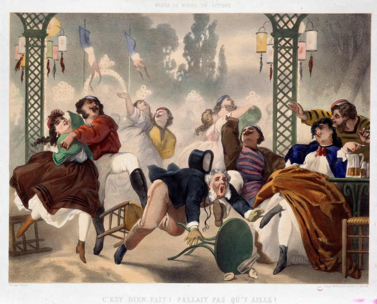 Asnieresin kasino Hyvin tehty, sinne ei tarvinnut mennä”” Suosittu viihdekohtaus, mies joutuu jakkaraan ja kaatuu keskelle tanssilattiaa. Philippe Jacques Linderin litografia (1835-?). Serie Musee de Moeurs et d