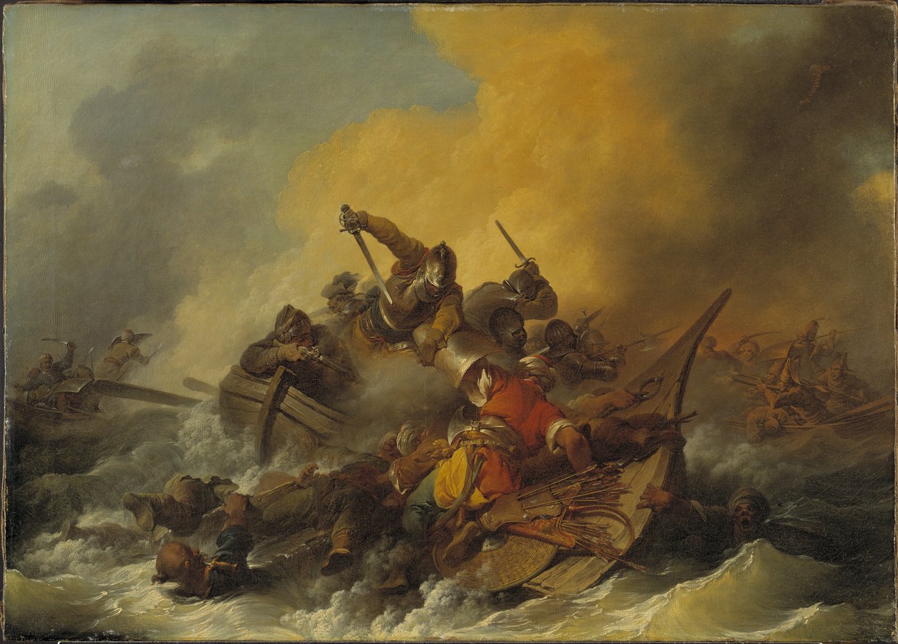 Bataille en mer entre soldats et pirates - Taistelu merellä sotilaiden ja itämaisten merirosvojen välillä, kirjoittanut Loutherbourg, Philip James tekijältä Philippe Jacques de Loutherbourg
