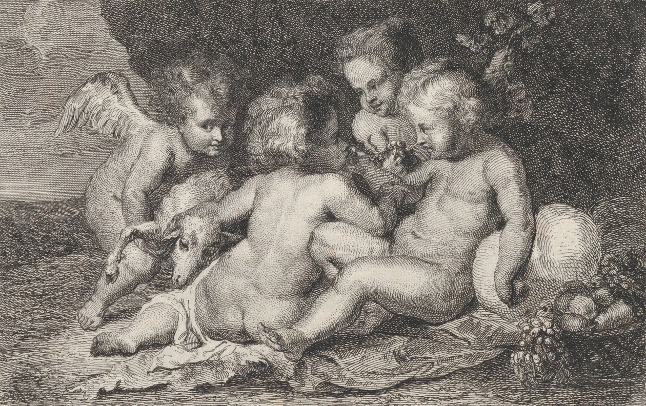 Kolmen lapsen ryhmä ja putto hedelmillä ja karitsalla, n. 1760-1801. tekijältä Philippe Lambert Joseph Spruyt
