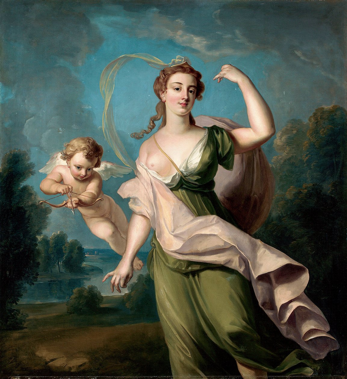 Rakkauden jumalatar (Afrodite tai Venus). Amor seuraa häntä jousen ja nuolen kanssa. Philippe Mercierin (1689-1760) maalaus. Öljy kankaalle. Koko: 162.5x149.9cm Yksityinen kokoelma. tekijältä Philippe Mercier