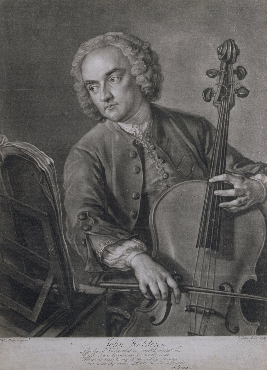 Händelin orkesterin sellisti John Hebdenin (fl.1740-60) muotokuva, kaiverrus John Faber (1684-1756), 1741 tekijältä Philippe Mercier
