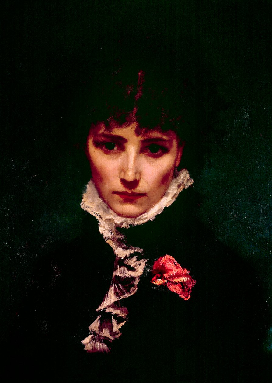 Koomikko Sarah-Henriette Bernardin muotokuva Sarah Bernhardtissa (1844-1923) Yksityiskohta. Philippe Parrotin (1831-1894) maalaus 1800-luvun Pariisi, ranskalainen komedia tekijältä Philippe Parrot