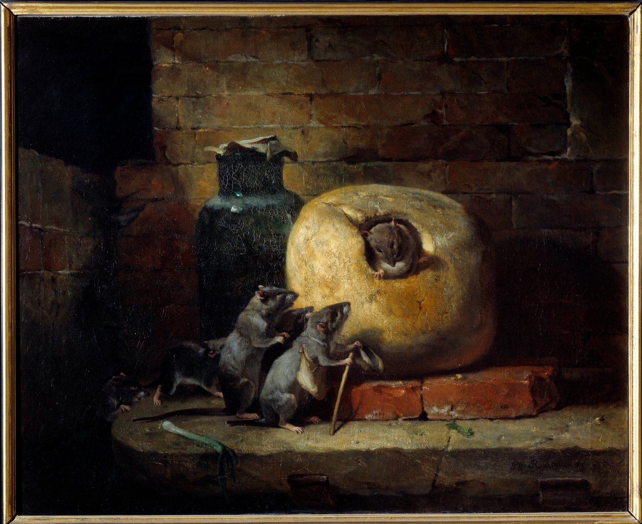 Rotta, joka vetäytyi maailmasta. Jean de La Fontainen kuvitus Fablesta. Philippe Rousseaun maalaus (1816 - 1887) tekijältä Philippe Rousseau