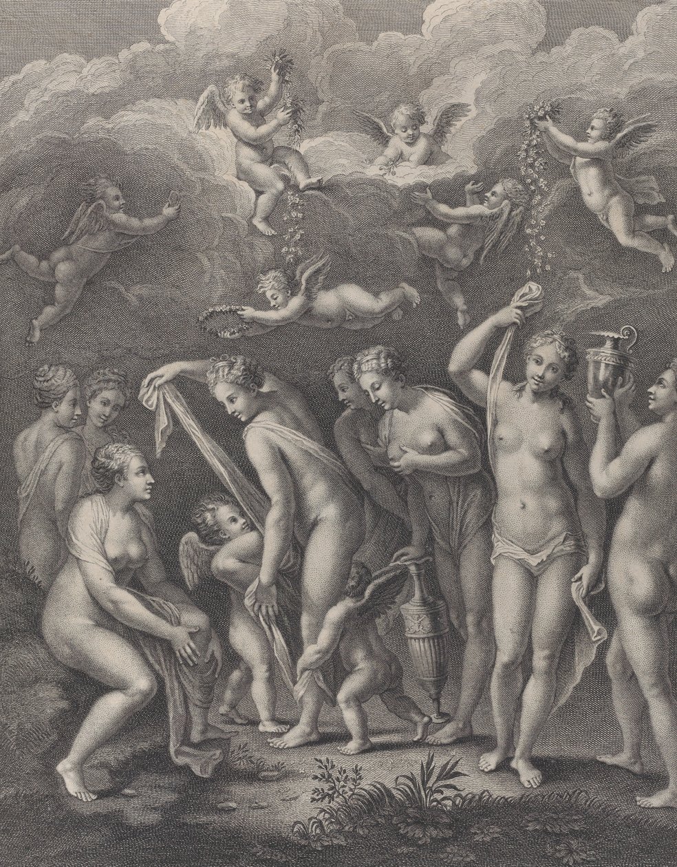 Hera, Aphrodite ja Athena valmistautuvat kauneuskilpailuun ennen P..., n. 1729-40. tekijältä Philippe Simonneau