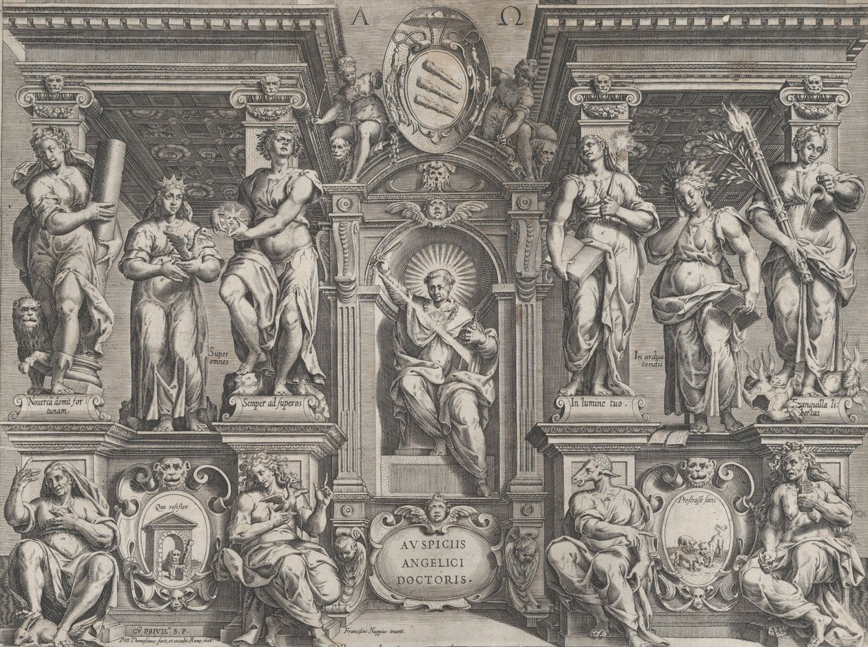 Arkkitehtoniseen rakenteeseen asetettu allegorinen opinnäyteteos, jossa on erilaisia hahmoja, 1608. tekijältä Philippe Thomassin