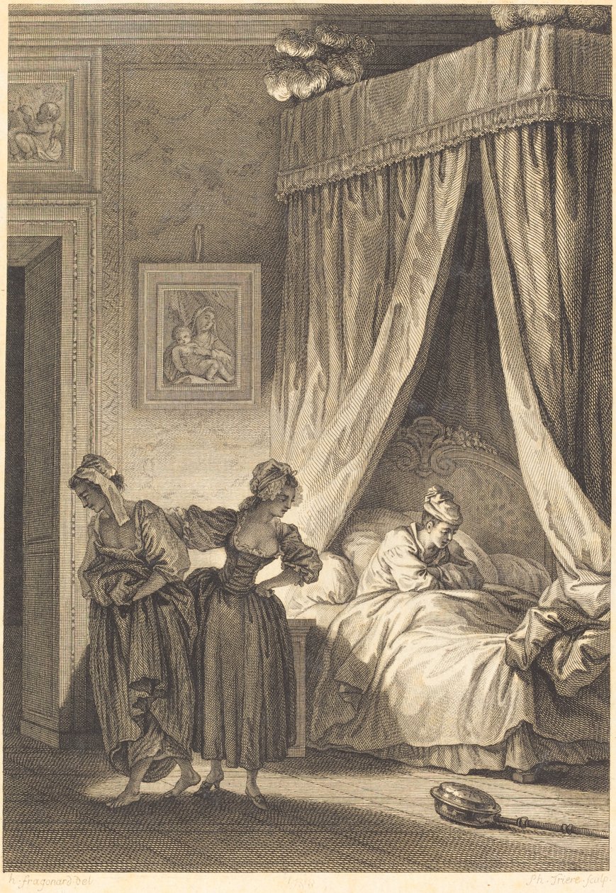Vedonlyönti kolmesta juoruista: Palvelija tekijältä Philippe Triere and Antoine Jean Duclos after Jean Honoré Fragonard