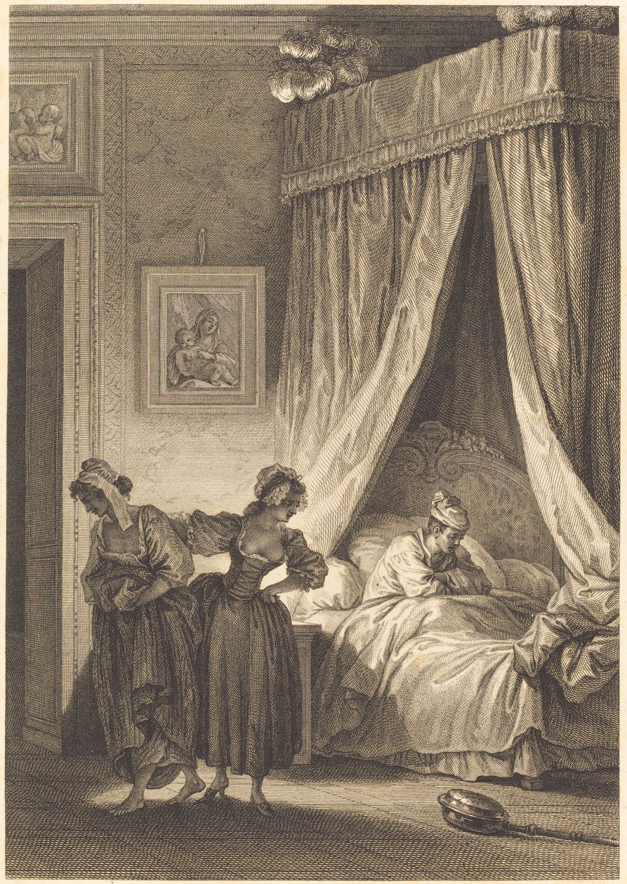 Vedonlyönti kolmesta juoruista: Palvelija tekijältä Philippe Triere and Antoine Jean Duclos after Jean Honoré Fragonard