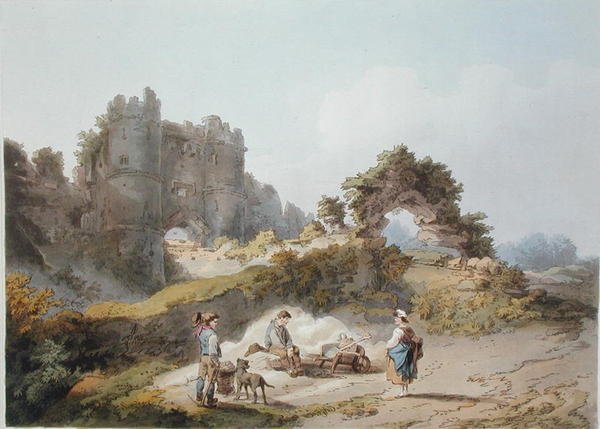 Gate of Carisbrook Castle, Englannin ja Walesin romanttisista ja maalauksellisista maisemista, julkaistu 1805 (värikaiverrus) tekijältä Philippe de (after) Loutherbourg