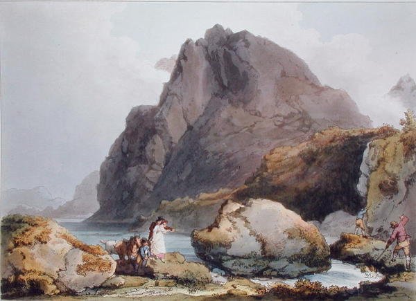 Llyn Ogween, Englannin ja Walesin romanttiset maalaukselliset maisemat, julkaistu 1805 (värikaiverrus) tekijältä Philippe de (after) Loutherbourg
