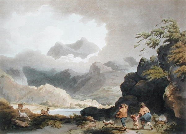 Snowdon, Englannin ja Walesin romanttiset ja maalaukselliset maisemat, julkaistu 1805 (värikaiverrus) tekijältä Philippe de (after) Loutherbourg