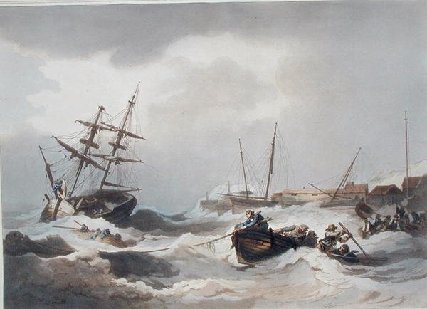 Storm off Margate, Englannin ja Walesin romanttisista ja maalauksellisista maisemista, julkaistu 1805 (värikaiverrus) tekijältä Philippe de (after) Loutherbourg