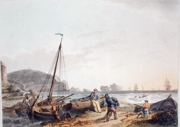 The Needles, Isle of Wight, Englannin ja Walesin romanttisista ja maalauksellisista maisemista, julkaistu 1805 (värikaiverrus) tekijältä Philippe de (after) Loutherbourg