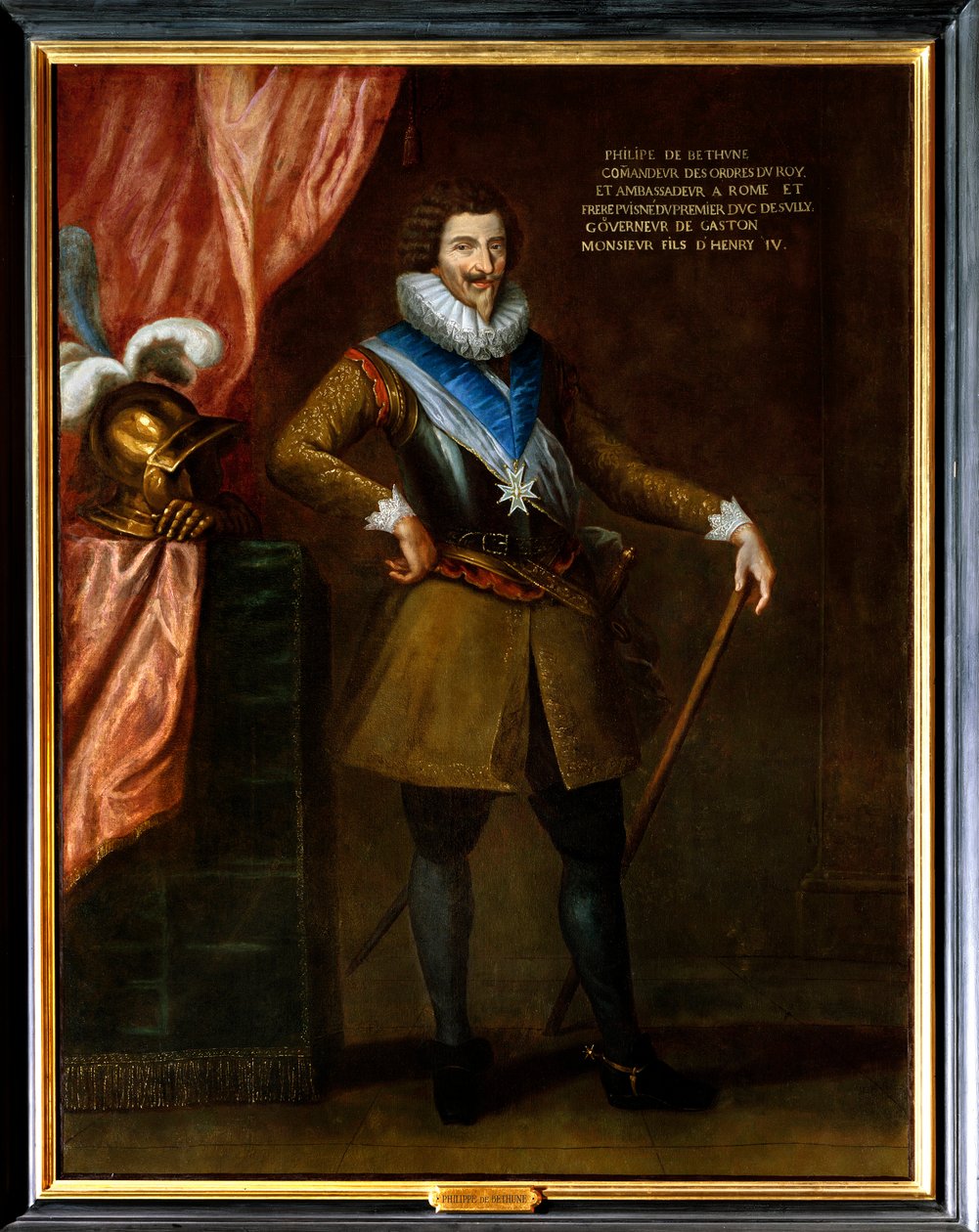 Muotokuva Philippe de Bethunesta, Sullyn veljestä puinen, Rooman suurlähettiläs (1561-1649). Hänellä on Pyhän Hengen ritarikunnan (Pyhän Hengen ritarikunnan) arvomerkin kaulakoru. Philippe De Champaignen (1602-1674) maalaus tekijältä Philippe de (attr. to) Champaigne