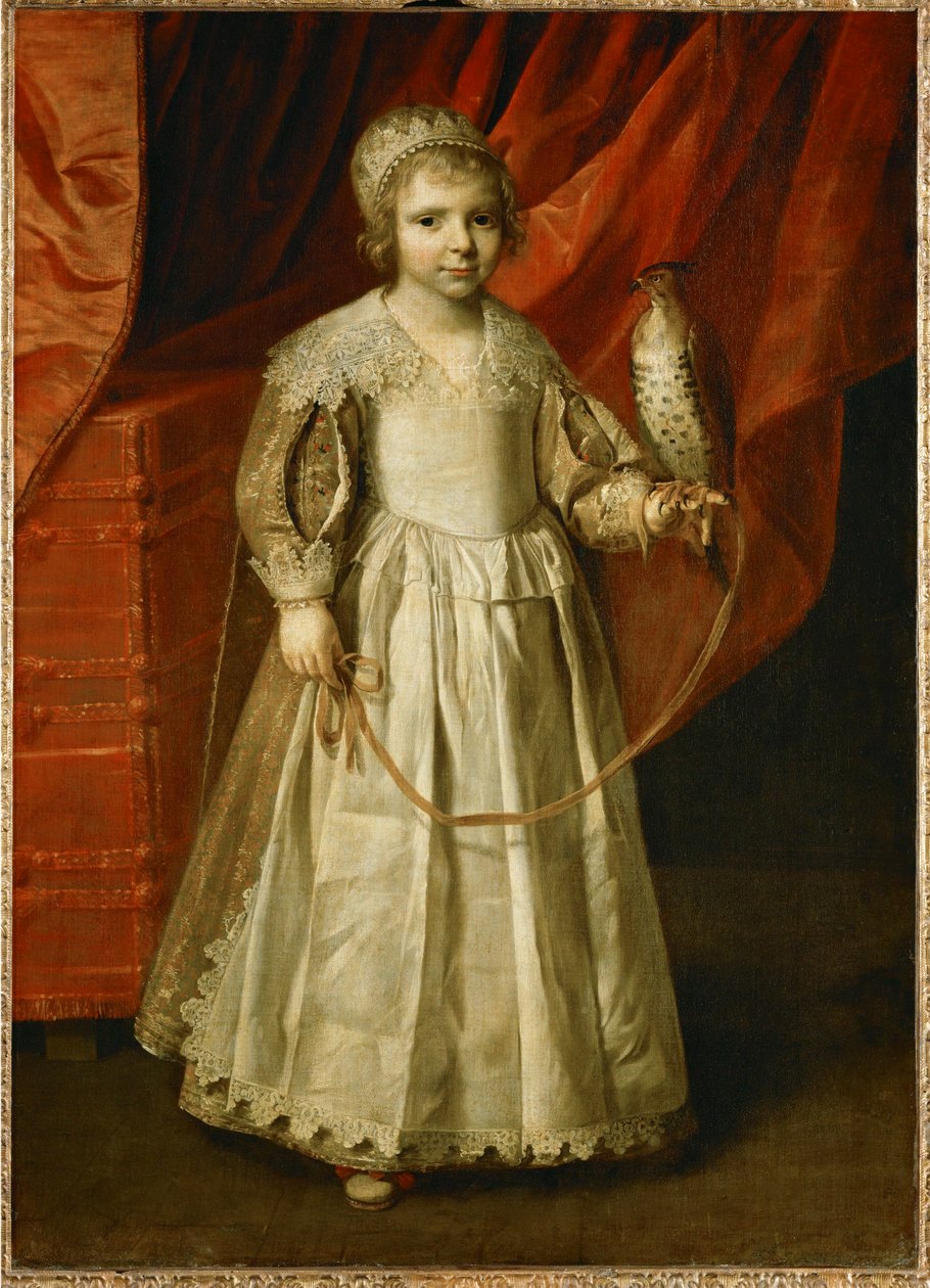 Lapsi haukan kanssa, luultavasti Anne-Marie de Chevreuse, 5-vuotias, Claude de Lorrainen, duc de Chevreusen tytär ... tekijältä Philippe de Champaigne