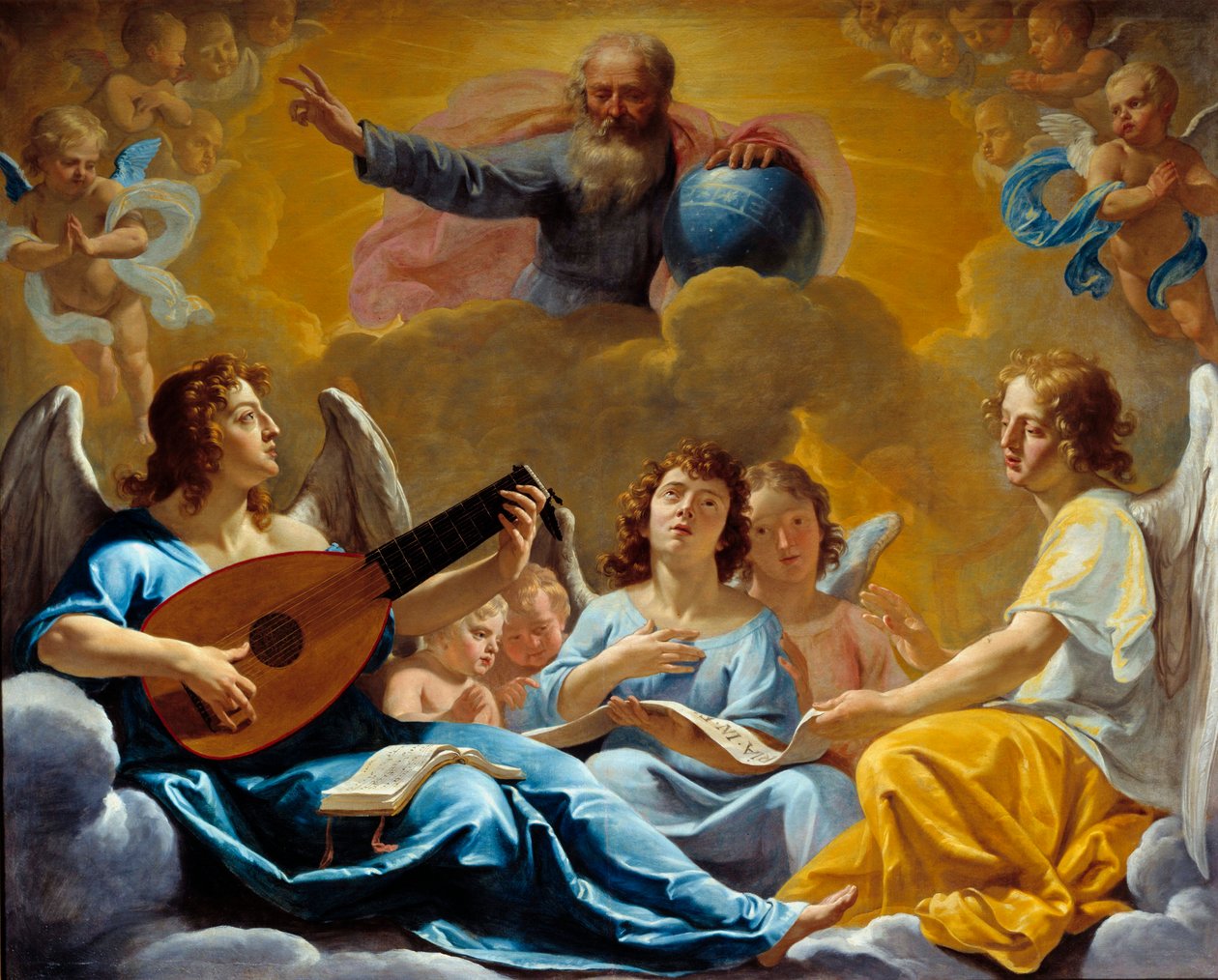 Enkelikonsertit Kaikkivaltiaan Jumalan esitys maapallon kanssa. Philippe de Champaignen (1602-1674) maalaus 1600-luvun su. 1,75x2,2 m Rouen, musee des Beaux Arts tekijältä Philippe de Champaigne