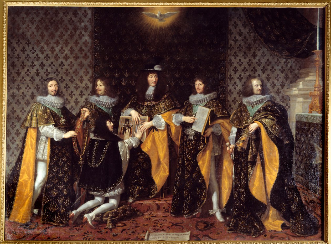 Kuningas Ludvig XIV vastaanottaa veljensä Anjoun herttua, Pyhän Hengen ritarikunnan ritari, Philip of Champaignen maalaus (1602-1674) 1600-luvun Grenoble, musee des Beaux Arts - Kuningas Ludvig XIV vastaanottaa veljensä, Anjoun herttuan, Orin ritari tekijältä Philippe de Champaigne