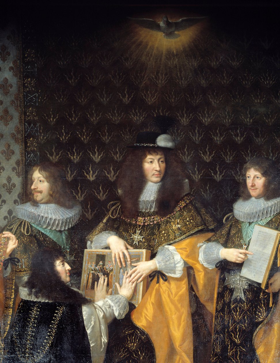 Kuningas Ludvig XIV vastaanottaa Pyhän Hengen ritarikunnan (Pyhän Hengen ritarikunnan) ritari, veljensä Anjou Detailin herttua. Philippe de Champaignen (1602-1674) maalaus 1600-luvulta Grenoble, Musee des Beaux Arts tekijältä Philippe de Champaigne