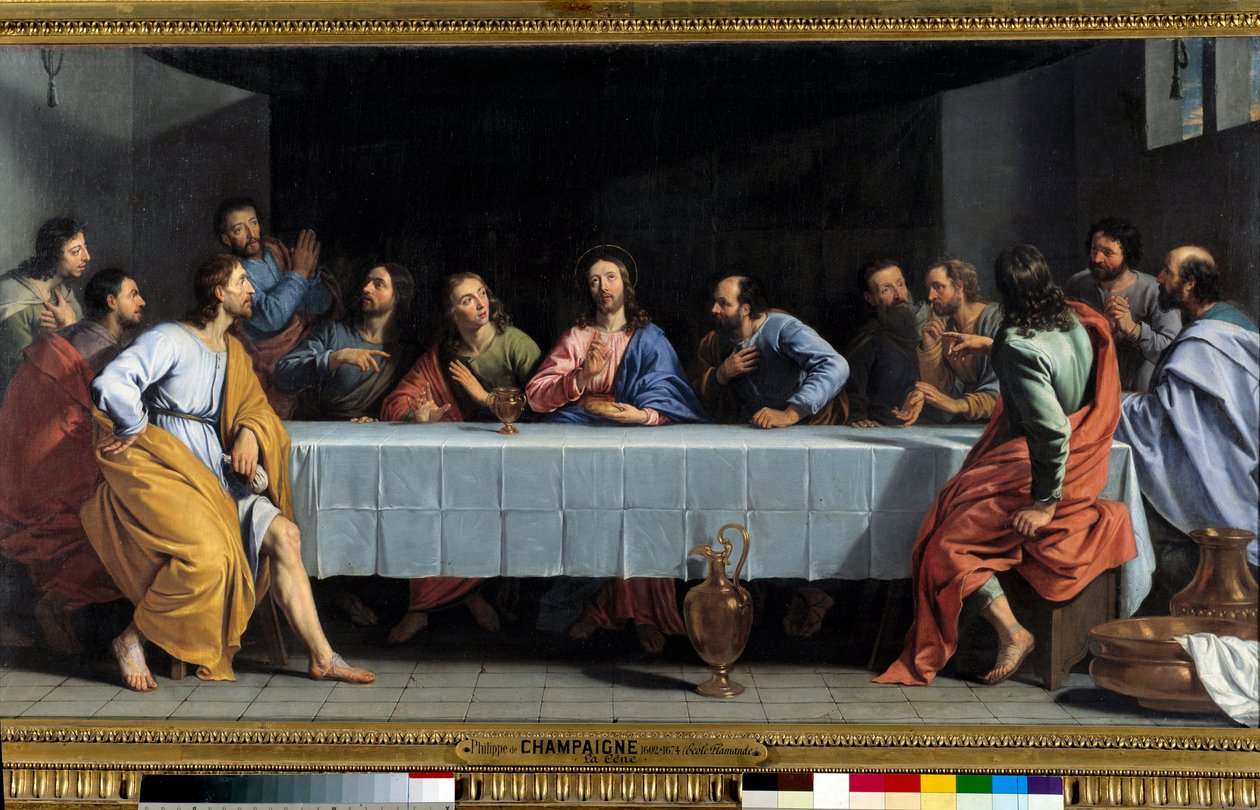 Viimeinen ehtoollinen sanoo ""La petite cene"" Philippe de Champaignen (1602-1674) maalaus. Koko 0,80 x 1,49 m Paris. Louvren taidemuseo tekijältä Philippe de Champaigne