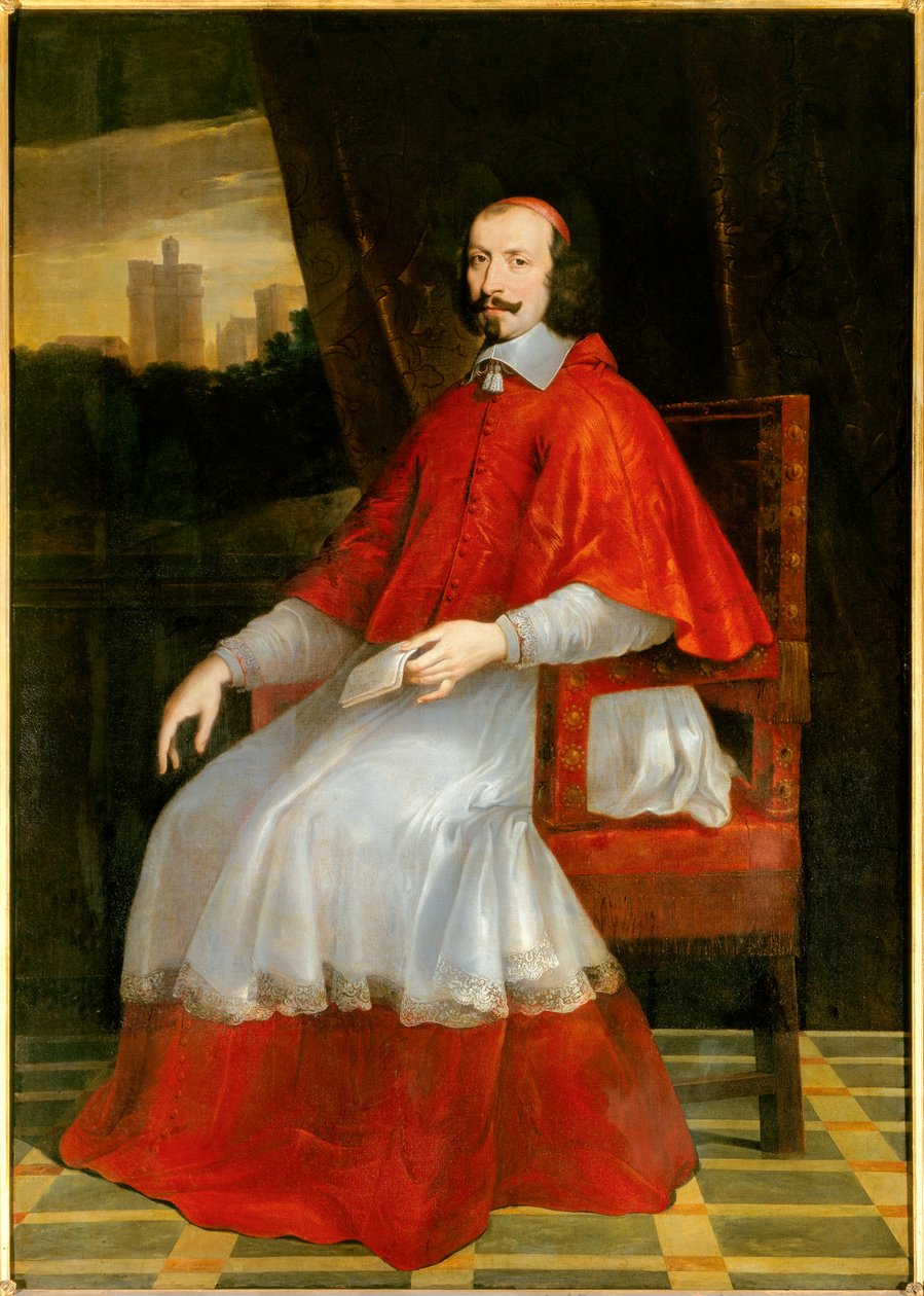 Kardinaali Jules Mazarinin (Giulio Raimondo Mazzarino tai Mazarino) (1602-1661) muotokuva jalassa Kardinaali istuu hänen takanaan ja näkee Chateau de Vincennesin. Philippe de Champaignen (1602-1674) maalaus. Aurinko 2,05 x 1,44 m. Chantilly, Kreivin museo  tekijältä Philippe de Champaigne