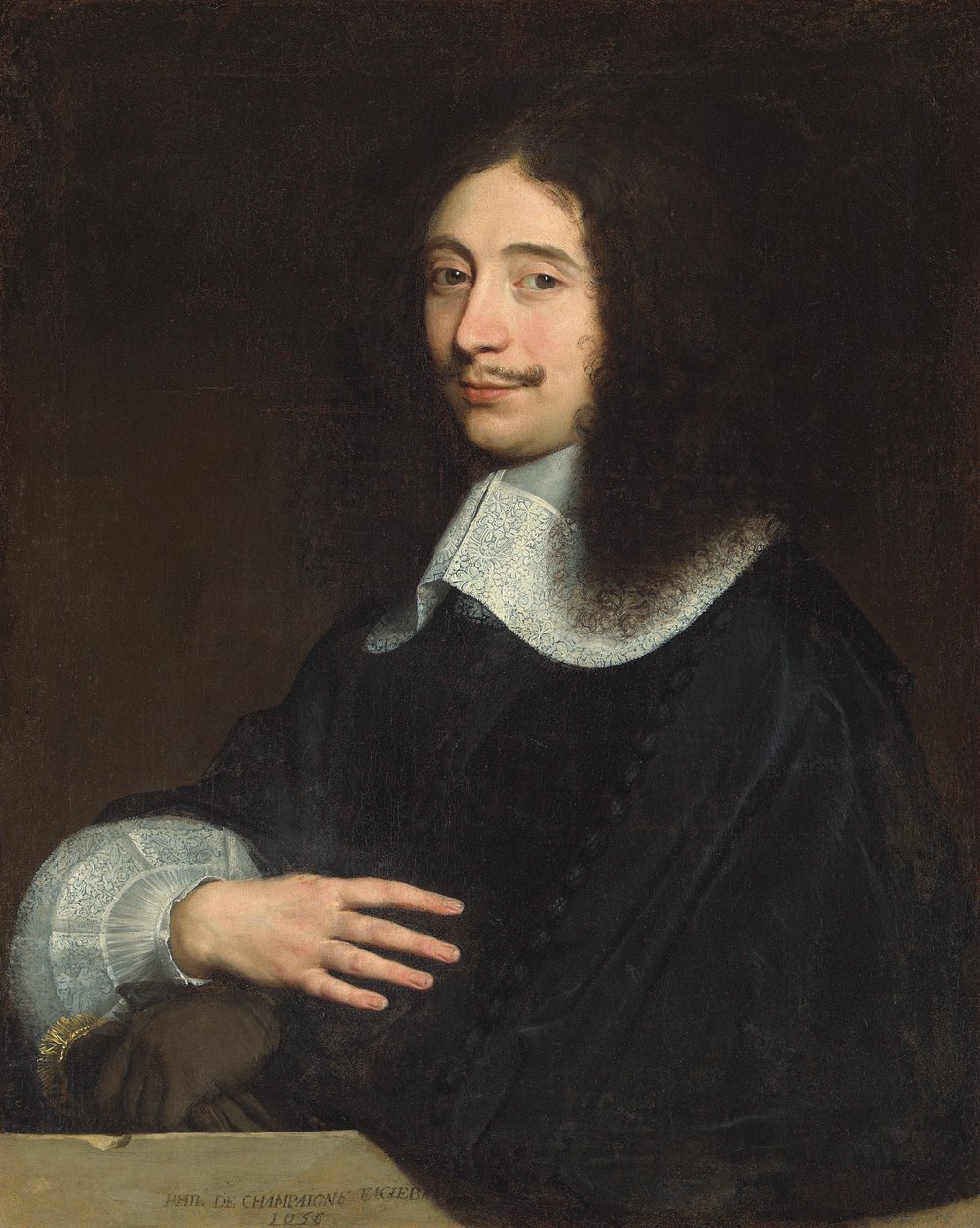 Herrasmiehen muotokuva, perinteisesti Noël de Bullion, puolipitkä, musta, pitsikaulus ja hihat, hanskat vasemmassa kädessään, 1656 tekijältä Philippe de Champaigne