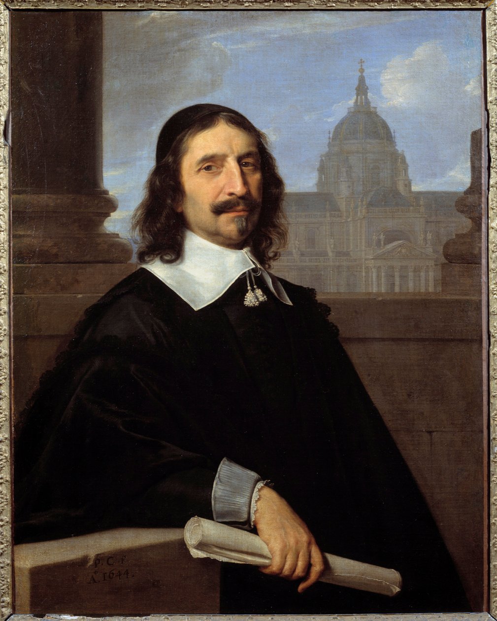Arkkitehti Jacques Lemercierin (1585-1654) muotokuva Sorbonnen kappelin edessä Philippe de Champaignen (1602-1674) maalaus (ec.flam.) 1600-luvun su. 0,97x0,75 m - - Arkkitehti Jacques Lemercierin (1585-1654) muotokuva t:n edessä tekijältä Philippe de Champaigne