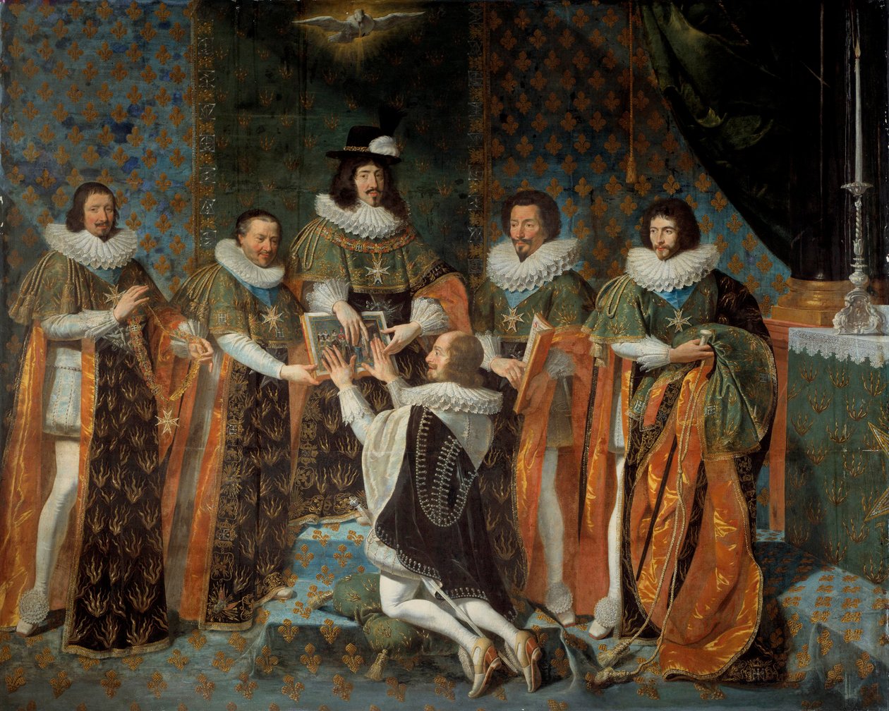 Ludvig XIII:n (1601-1643) vastaanotto Henri II:sta Orleansista, Longuevillen ja Estouvillen herttuasta, Neufchatelin suvereenista prinssistä (1595-1663) Pyhän Hengen ritarikunnan ritari 15.5.1633 Ludvig XIII:ta ympäröi Claude Bartillier , Suurrahastonhoita tekijältä Philippe de Champaigne