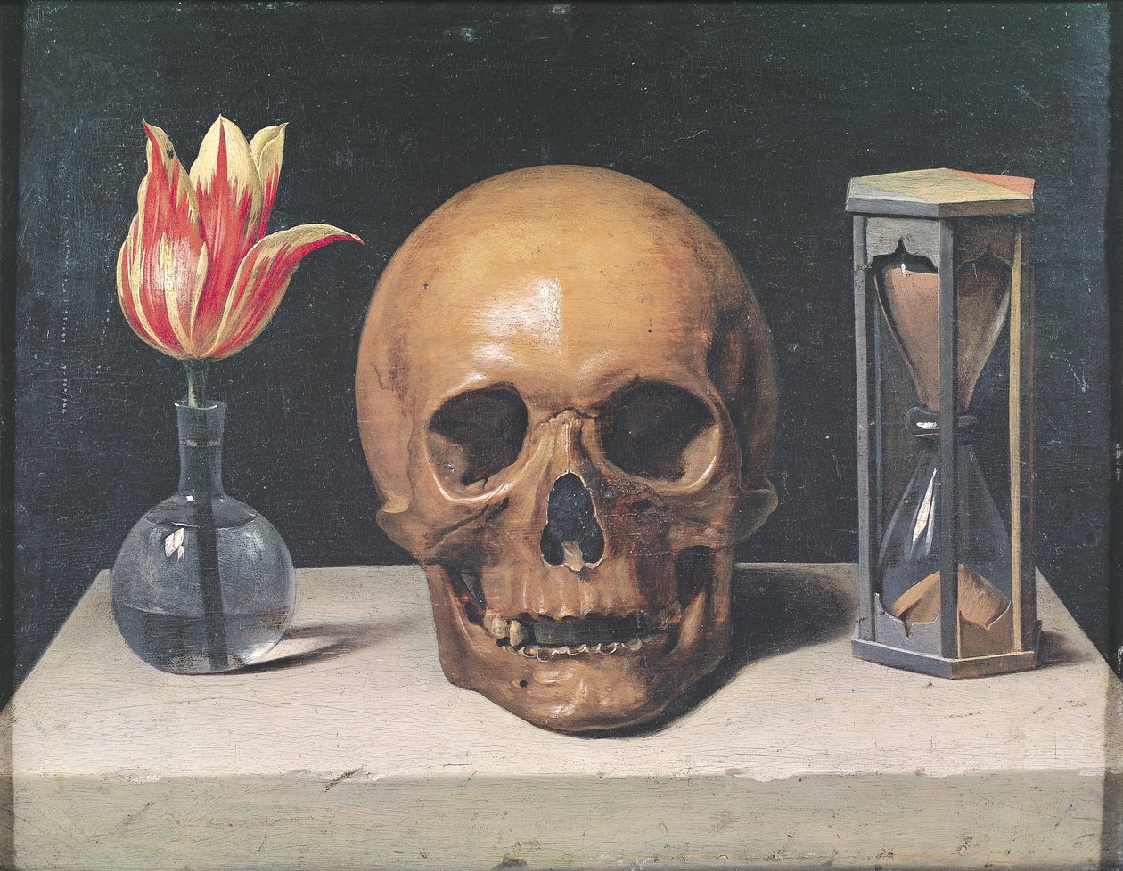 Vanitas asetelma tulppaanilla, kallolla ja tiimalasilla (öljy paneelissa) tekijältä Philippe de Champaigne