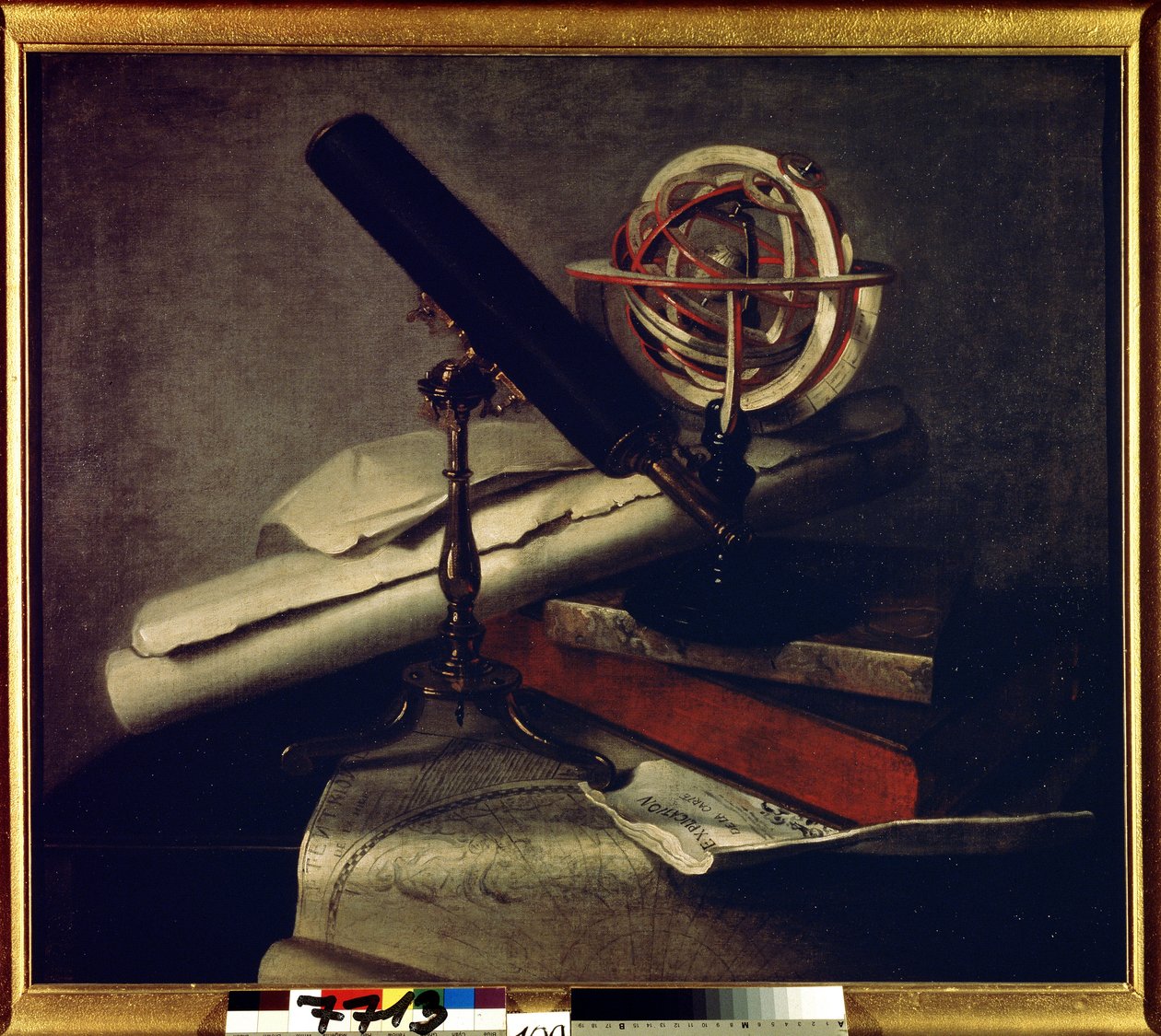 Tähtitieteelliset instrumentit. (Astronomiset välineet). Asetelma tähtitieteellisellä kaukoputkella (teleskooppi), taivaanpallolla ja taivaskartalla. Philippe de La Hyren (1640-1718) maalaus. Ranskalainen taide, barokkityyli. Öljy kankaalle. Tsarskoje Selo tekijältä Philippe de la Hire
