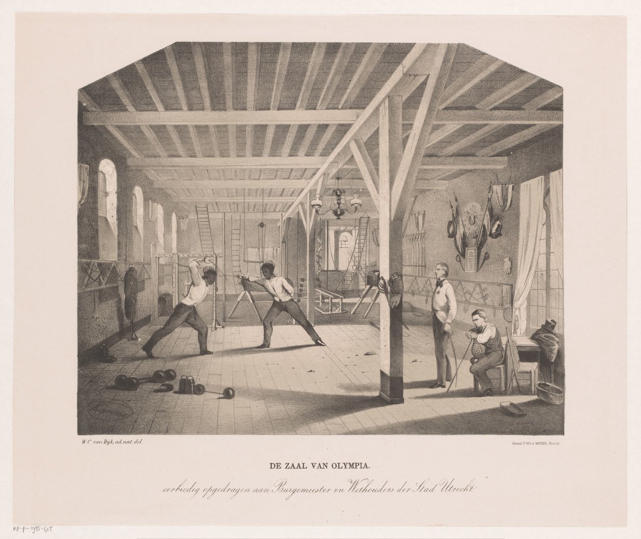 Näkymä oppilasyhtiö Olympian miekkailu- ja voimistelusalissa The Hall of Olympia (otsikko esineessä) tekijältä Philippus Anthonius Alexander Kanne