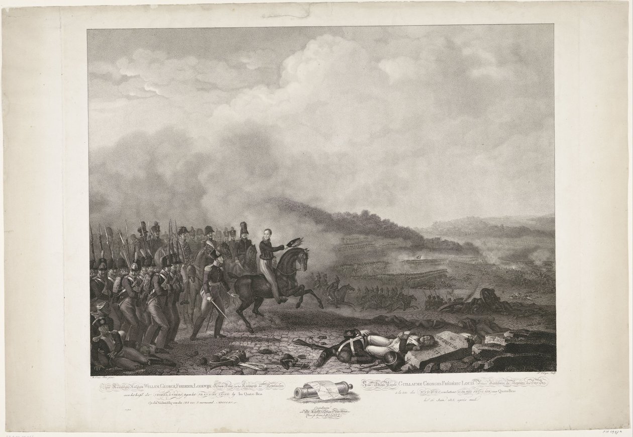 Orangen prinssi johtamassa hollantilaisia ​​joukkoja Quatre-Brasin taistelussa, 1815 Hänen kuninkaallinen korkeutensa William, George, Frederik, Alankomaiden kuningaskunnan kruununprinssi Lodewijk hollantilaisten johdossa Ranskan armeijaa vastaan, Quatre-B tekijältä Philippus Velijn