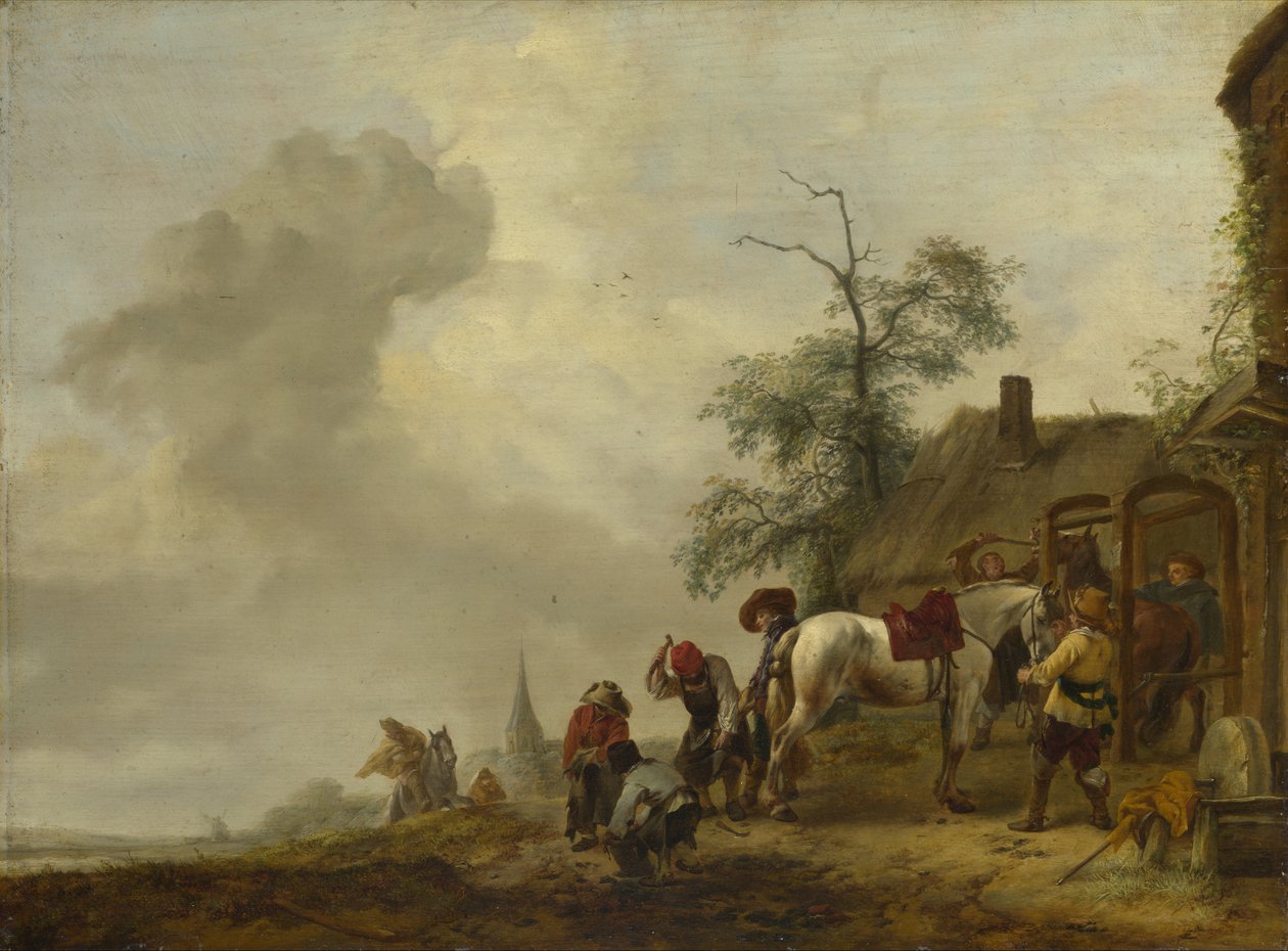 Hevonen kengitetään kylän sepän ulkopuolella tekijältä Philips Wouwerman