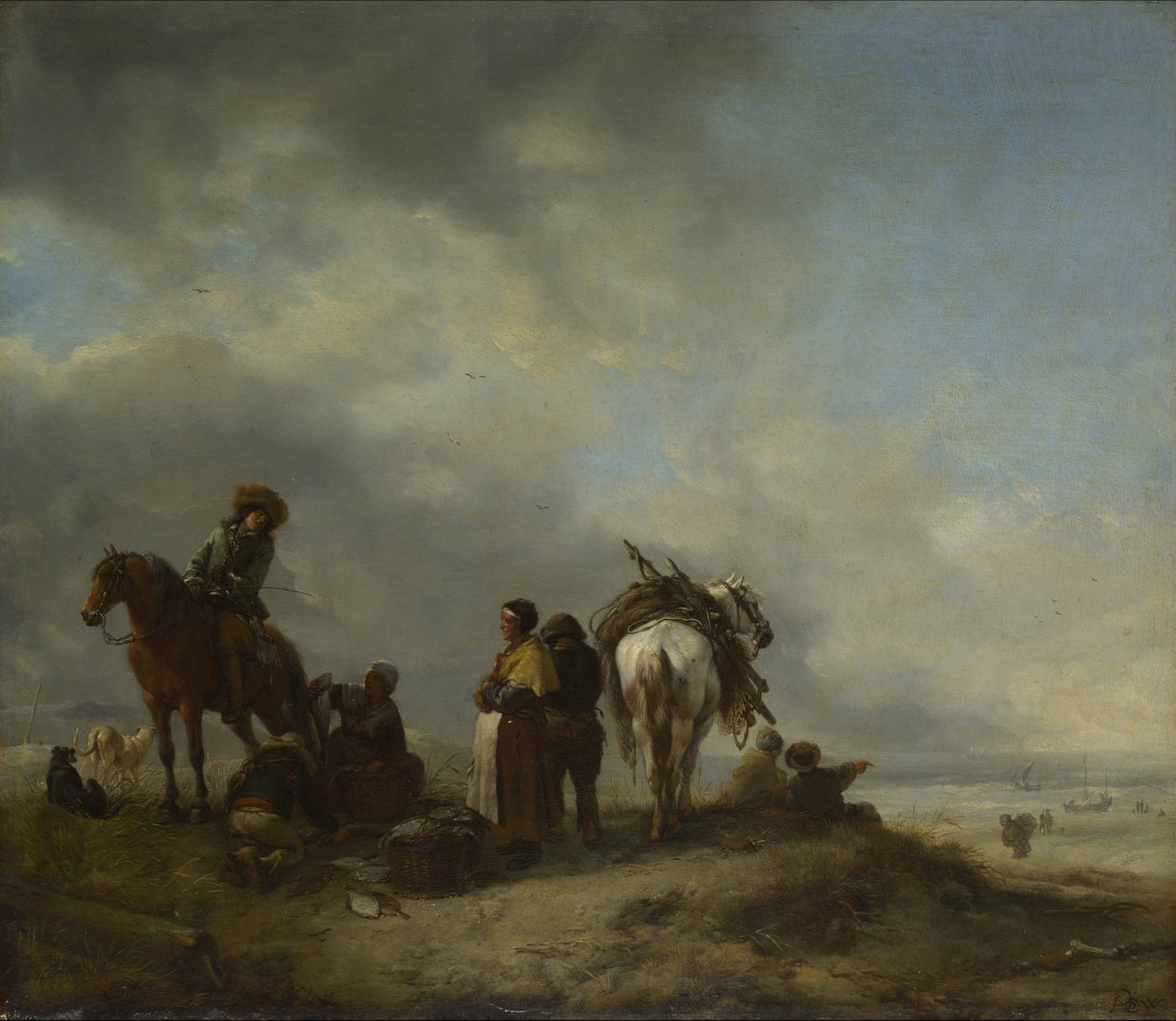 Näkymä merenrannalta, jossa kalanainen tarjoaa kalaa ratsumiehelle. tekijältä Philips Wouwerman