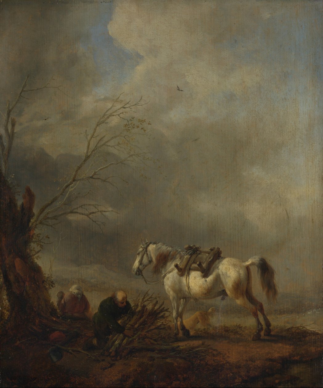 Valkoinen hevonen ja vanha mies, joka sitoo hinttejä tekijältä Philips Wouwerman