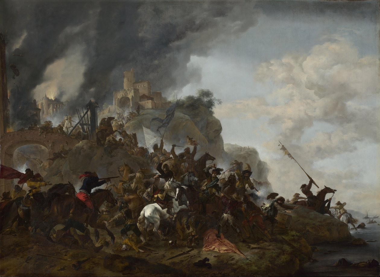 Ratsuväki tekee Sortiea linnoituksella kukkulalla tekijältä Philips Wouwerman