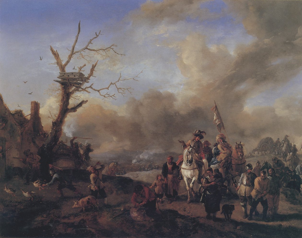 Heranziehender Soldatentroß mit Marketenderinnen und Kindern, ein Bauerngehöft plündernd tekijältä Philips Wouwerman