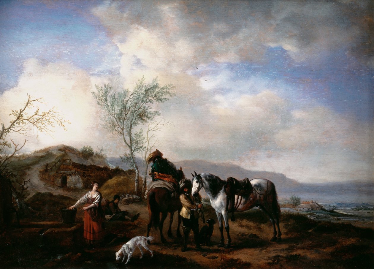 Kaksi ratsumiestä suihkulähteen lähellä tekijältä Philips Wouwerman