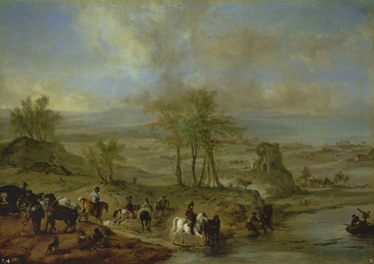 Lähtö metsästämään ja kalastamaan joessa tekijältä Philips Wouwerman