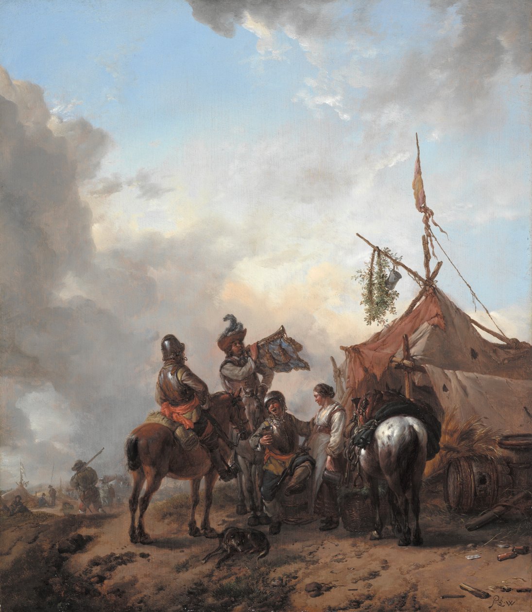 Sotilaat kiertelevät palvelevan naisen kanssa teltan ulkopuolella, n. 1655 (öljy tammilevylle) tekijältä Philips Wouwerman