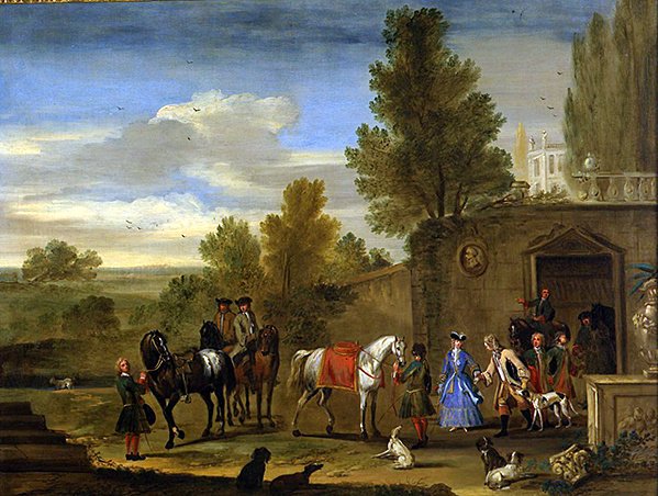 Ratsastusryhmä linnan muurien ulkopuolella (öljy kankaalle) tekijältä Philips (attr.) Wouwermans or Wouvermans