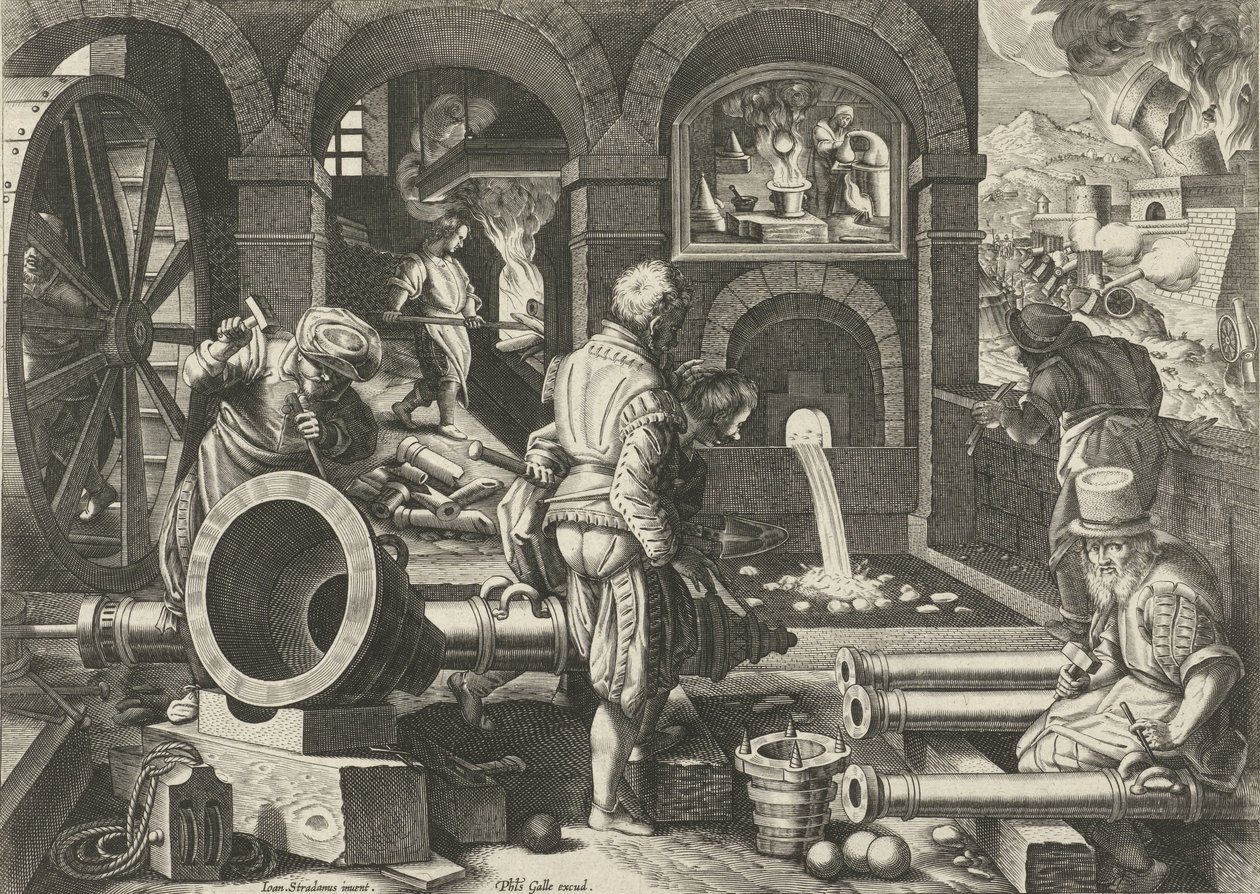 tykistötyöpaja Uusia keksintöjä ja löytöjä (sarjan nimi) Nova Reperta (sarjan nimi) tekijältä Philips Galle (attributed to workshop of)