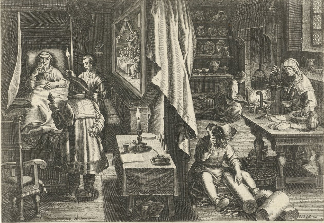 Syfilis lääke Uusia keksintöjä ja löytöjä (sarjan nimi) Nova Reperta (sarjan nimi) tekijältä Philips Galle (attributed to workshop of)