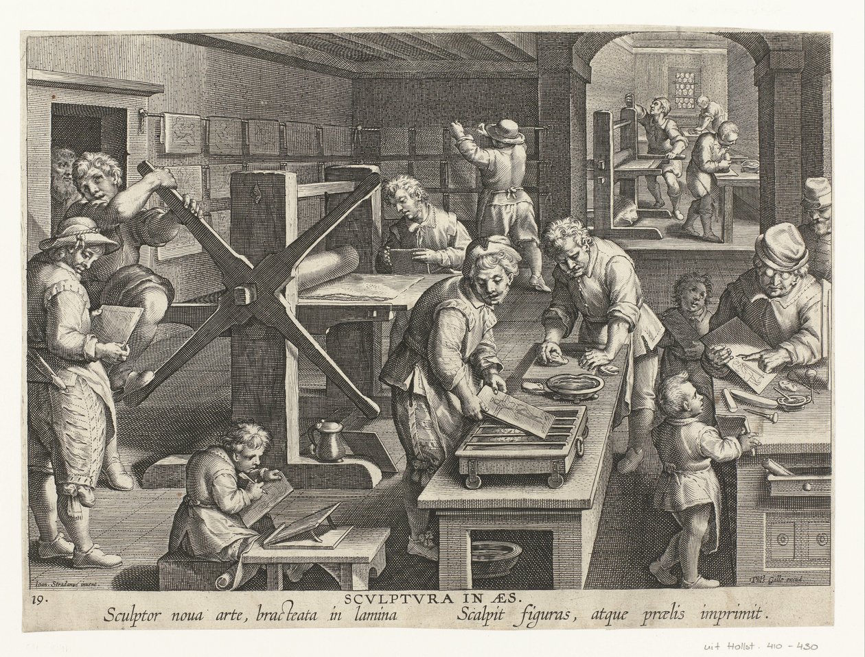 Kuparikaiverrusten valmistus Scvlptvra in aes (otsikko objektissa) Uusia keksintöjä ja löytöjä (sarjan nimi) Nova Reperta (sarjan nimi) tekijältä Philips Galle (attributed to workshop of)