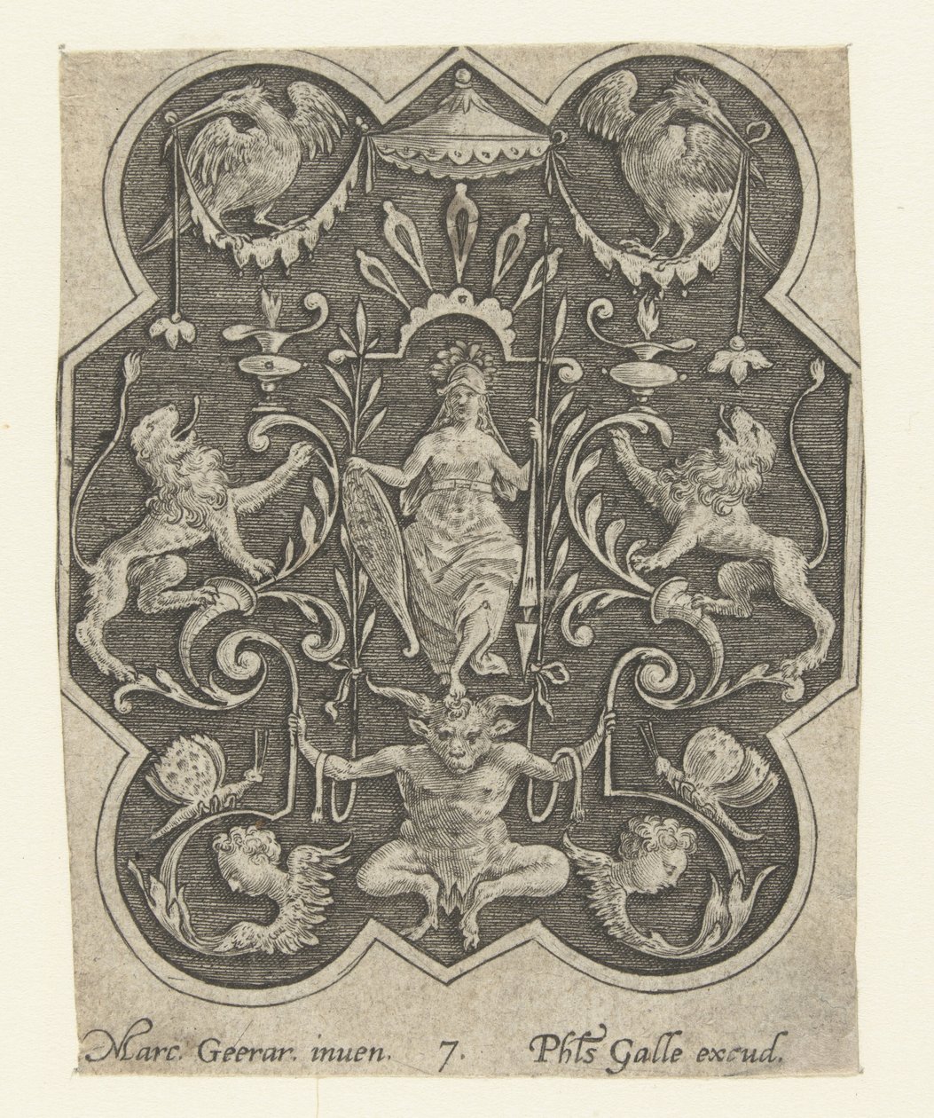 Dona amb casc amb escut i llança Acabats decoracions superficials amb grotesques sobre fons ombrejat (títol de la sèrie). tekijältä Philips Galle