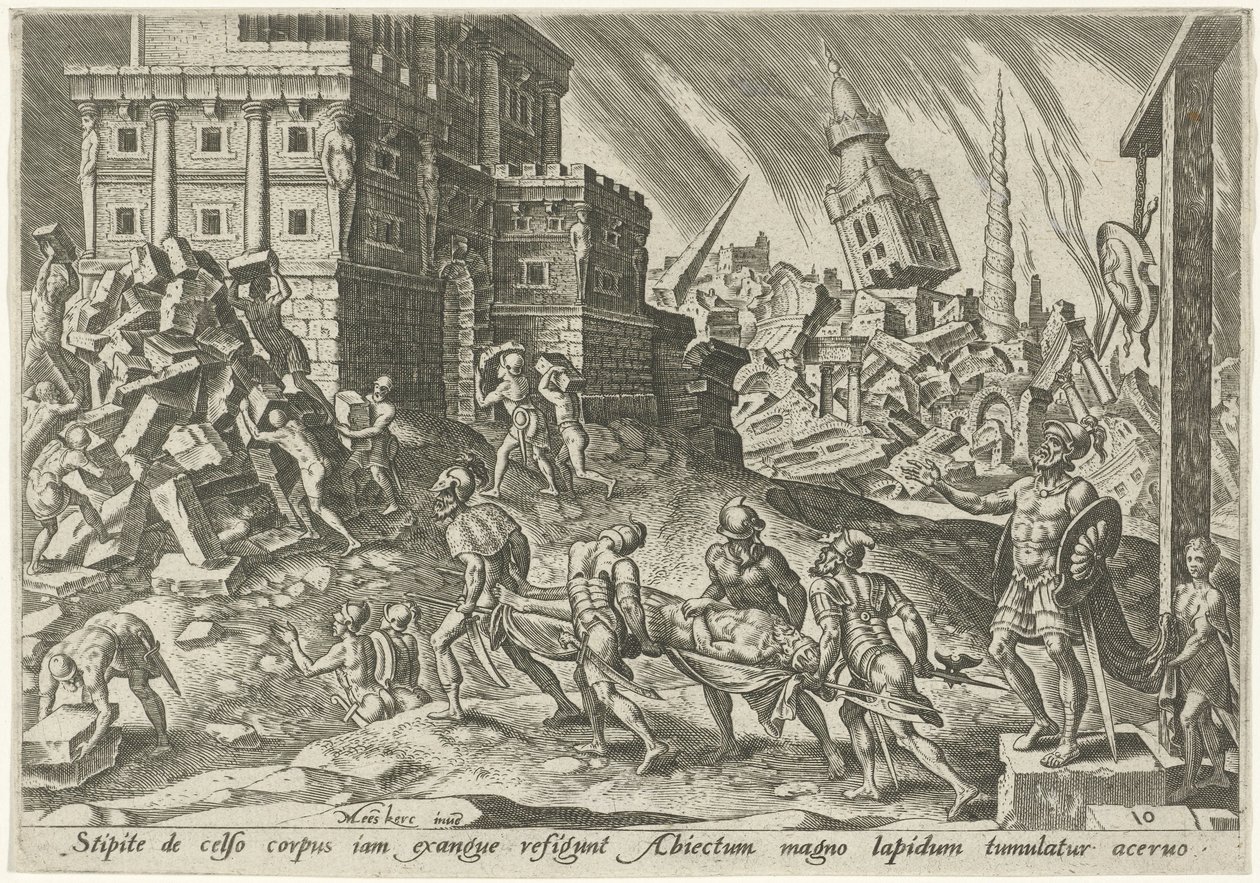 Ain kuninkaan ruumis tuodaan kaupungin portille The Days of Doom of the Jewish People (sarjan nimi) tekijältä Philips Galle