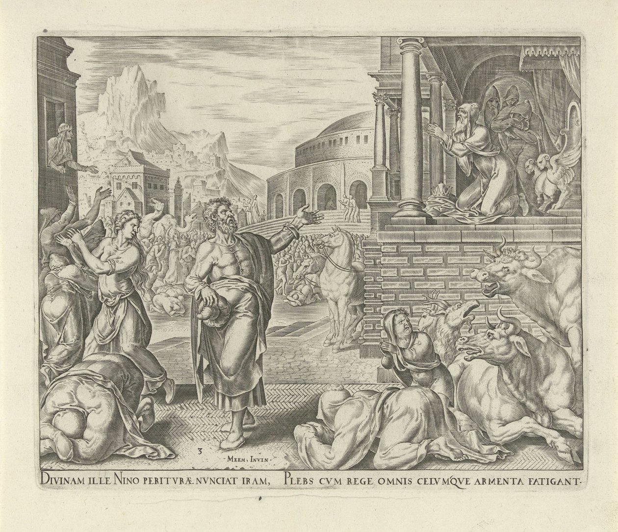 Joona ennustaa Niniven tuhoa History of Jonah (sarjan nimi) tekijältä Philips Galle